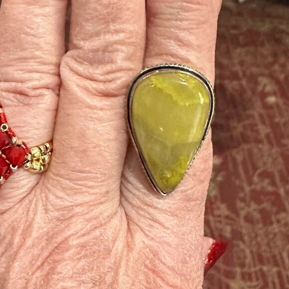 Serpentine gemstone, silver overlay ring, 925 size adjustable - Picture 1 of 6